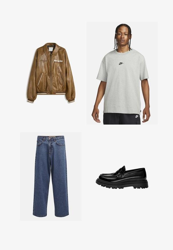 Barna bőrbombázó dzseki textúrált felülettel, bordás mandzsettával és aljjal. Az "Motor Class Team" grafika és csíkos díszítések találhatóak a zsebeken.; Fiatal, fonott hajú személy világosszürke Nike pólót és fekete Nike rövidnadrágot visel, egy sima fehér háttér előtt.; Szelídített kék farmernadrág széles szárral, lezser fazonnal, gombos záródással, öt zsebbel és eltérő színű varrással a varratok mentén.; Fekete fényes bőr loaferek, texturált csíkkal, masszív fekete gumitalppal, mély barázdákkal és klasszikus mokaszin formával.