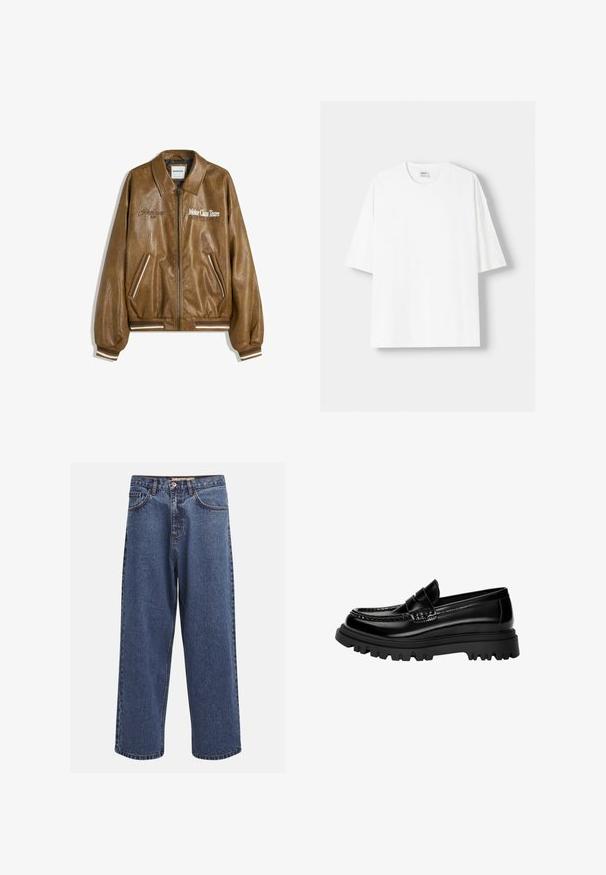 Brun læderbomberjakke med en tekstureret finish, ribbede manchetter og kant. Har grafik med "Motor Class Team" og stribede detaljer på lommer.; Hvid kortærmet T-shirt lavet af bomuld, med rund halsudskæring og en afslappet pasform. Glat tekstur, uden synlige mønstre eller detaljer.; Bredde denim jeans i blå farve med en falmet finish, der har en knaplukning, fem lommer og kontrastsygning langs sømmene.; Sorte, glossy læder loafers med en tekstureret rem, der har en kraftig sort gummisål med dybe riller og et klassisk mokasindesign.