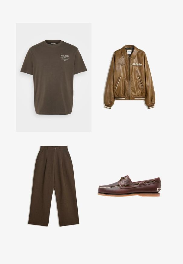 Brun læderbomberjakke med en tekstureret finish, ribbede manchetter og kant. Har grafik med "Motor Class Team" og stribede detaljer på lommer.; Brun kortærmet t-shirt lavet af bomuld, med rund hals og et lille hvidt grafisk print på venstre side.; Brune, plisserede bukser med et vidde-design, der har en knaplukning og sidelommer, lavet af struktureret stof, der er egnet til afslappet brug.; Brune læder bådsko med hvid syning, brune snørebånd og en tan gummisål. Har et logo på siden og metaløjer til snørebånd.