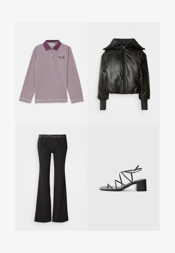 Zkrácená černá kožená bunda s širokým žebrovaným límcem, předním zipem a strukturovanými rukávy. Obsahuje polstrovaná ramena a manžety na zápěstí.; Pánská polokošile s dlouhým rukávem ve vínové a bílé barvě, s límečkem, třemi knoflíky a vyšitým logem na hrudi.; Černé rozšířené kalhoty s texturovaným pasem zdobeným kovovými nýty. Tkanina má jemný lesk a hladký povrch.; Černé sandály na podpatku se čtveratou špičkou a masivním podpatkem, vyrobené z hladkého materiálu. Mají nastavitelné pásky kolem kotníků a minimální kovové prvky.