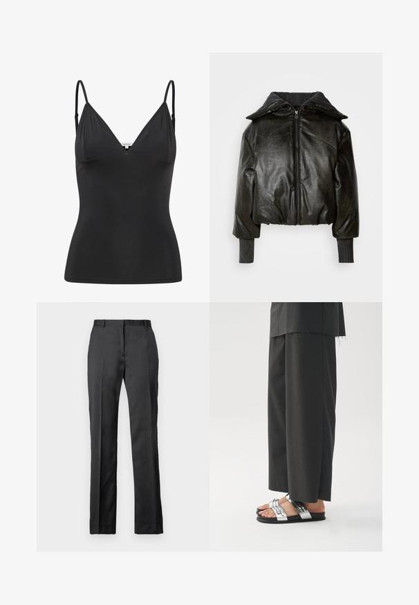 Jaqueta de couro preta cropped com um colarinho grosso canelado, fecho frontal e mangas texturizadas. Apresenta ombros almofadados e punhos.; Camisola preta ajustada com alças finas ajustáveis, decote em V, design sem costuras e textura suave. Confeccionada em um material macio e elástico.; Calças pretas sob medida feitas de um tecido suave. Apresentam um design de perna reta, parte frontal lisa e detalhes de pregas discretos.; Calças pretas com um corte solto e acabamento não cosido, combinadas com sandálias rasas que têm tiras prateadas e acessórios decorativos.