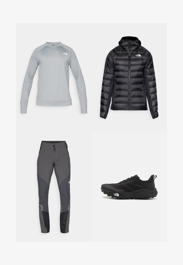 Casaco puffer preto com fecho à frente e capuz. Apresenta secções acolchoadas e um logótipo no lado esquerdo do peito. Painéis laterais elásticos para um melhor ajuste.; Sweatshirt cinza claro com mangas longas e decote redondo. Apresenta uma bainha e punhos com textura canelada. O logótipo da North Face está exibido no peito.; Calças de caminhada cinzas com um design ajustado, múltiplos bolsos e acentos contrastantes em cinza escuro e preto. Feitas de um material flexível e durável.; Sapatilha de trail running preta com um upper texturizado, sola de borracha e biqueira reforçada. Possui um colarinho acolchoado e uma alça para facilitar o calçar.