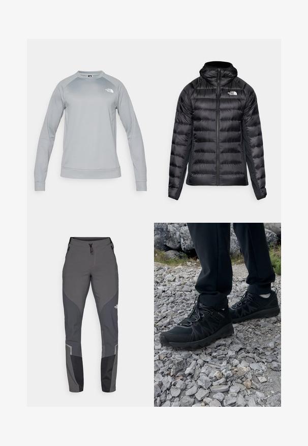 Svart boblejakke med glidelås foran og hette. Den har quiltede seksjoner og en logo på venstre bryst. Elastiske sidelapper for god passform.; Lys grå sweatshirt med lange ermer og rund hals. Den har ribbestrikket hem og ermer. The North Face-logoen er vist på brystet.; Grå tursbukser med en innsnevret design, flere lommer og kontrasterende mørkegrå og svarte detaljer. Laget av et fleksibelt, slitesterkt materiale.; Sorte utendørssko i svart med mesh og syntetisk materiale, med en teksturert overdel, sikret snøresystem og en robust såle, på steinete terreng.