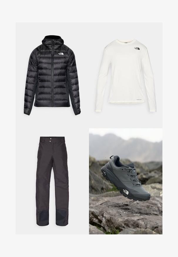 Giacca a vento nera imbottita con zip frontale e cappuccio. Presenta sezioni trapuntate e un logo sul petto sinistro. Pannelli laterali elasticizzati per una vestibilità ottimale.; Camicia bianca a maniche lunghe con colletto tondo, tessuto testurizzato, logo nero sulla spalla sinistra e branding sottile sul fondo.; Patagonia INSULATED POWDER TOWN PANTS - Pantaloni da snowboard - black; Scarpa da trail running grigia con tomaia testurizzata, suola in gomma resistente e punta rinforzata. Presenta lacci e logo del marchio sul lato.