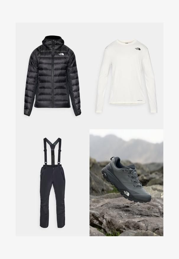 Mustapufferitakki, jossa on vetoketjukuomu ja huppu. Sisältää tikattuja osia ja logon vasemmassa rinnassa. Joustavat sivupaneelit istuvuutta varten.; Valkoinen pitkähiha- paita, jossa on pyöreä kaula-aukko, teksturoitu kangas, musta logo vasemmassa olkapäässä ja huomaamaton brändäys alaosassa.; Mustat vesitiiviit housut, joissa on säädettävät olkaimet, vetoketjulliset taskut ja vahvistetut alaosat kestävyydelle ja toiminnallisuudelle.; Harmaa polkujuoksukenkä, jossa on teksturoitu päällinen, kestävä kumipohja ja vahvistettu varvastoppa. Varustettu nauhoilla ja brändin logolla sivussa.