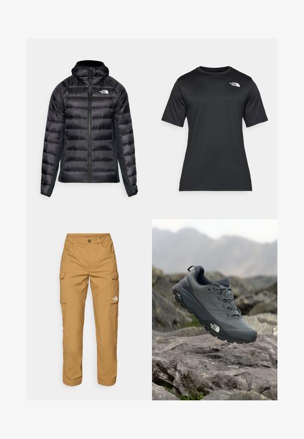 Svart boblejakke med glidelås foran og hette. Den har quiltede seksjoner og en logo på venstre bryst. Elastiske sidelapper for god passform.; Svart t-skjorte med korte ermer laget av lett, fukttransporterende stoff. Har en hvit logo på venstre bryst og rund hals.; The North Face EXPLORATION PANTS - Cargobukse - utility brown; Grå terrengløpesko med en teksturert overdel, slitesterk gummisåle og forsterket tåhette. Inkluderer snørebånd og merkevarelogo på siden.