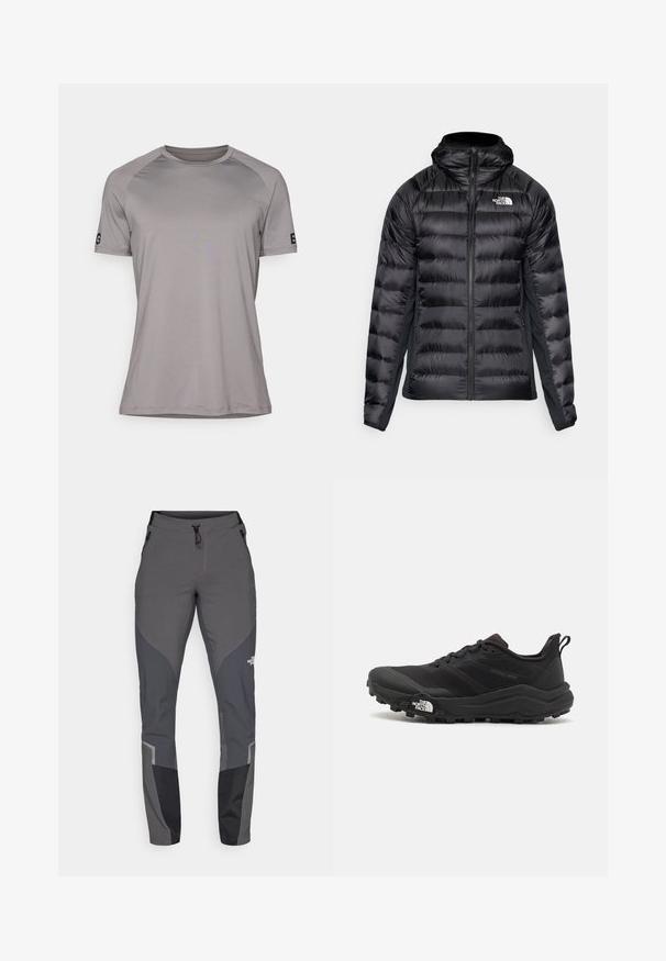 Svart boblejakke med glidelås foran og hette. Den har quiltede seksjoner og en logo på venstre bryst. Elastiske sidelapper for god passform.; Grå t-skjorte med kort erm og rund hals, laget av glatt og lett stoff. Har et logo på venstre erme.; Grå tursbukser med en innsnevret design, flere lommer og kontrasterende mørkegrå og svarte detaljer. Laget av et fleksibelt, slitesterkt materiale.; Svart terrengløpesko med teksturert overdel, gummisåle og forsterket tåhette. Har polstret krage og løftestropp for enkel påkledning.