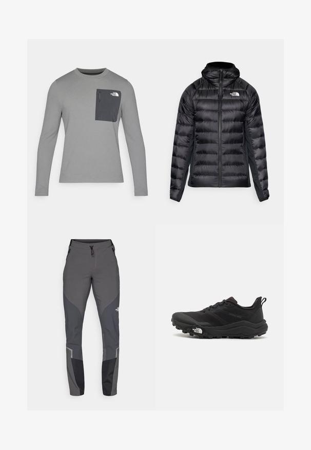 Mustapufferitakki, jossa on vetoketjukuomu ja huppu. Sisältää tikattuja osia ja logon vasemmassa rinnassa. Joustavat sivupaneelit istuvuutta varten.; Harmaa pitkähihaisuus paita, jossa on teksturoitu kangas, tummanharmaalla rintataskulla ja vetoketjukiinnityksellä. Taskussa valkoinen logo.; Harmaat vaellushousut, joissa on kapea malli, useita taskuja ja tummanharmaita sekä mustia yksityiskohtia. Valmistettu joustavasta ja kestävästä materiaalista.; Musta maastojuoksukengät, joissa on teksturoitu päällinen, kumipohja ja vahvistettu varvastoppia. Varusteena pehmustettu nilkkakappale ja vetotappi helppoa pukemista varten.