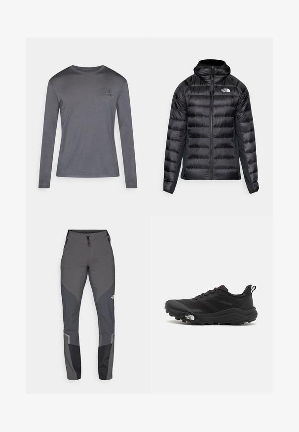 Černá péřová bunda s předním zipem a kapucí. Obsahuje prošívané části a logo na levé hrudi. Elastické boční panely pro lepší přilnutí.; Tričko s dlouhým rukávem v tmavě šedé barvě, vyrobené z měkké látky. Na hrudi má malý květinový potisk a kulatý výstřih. Jednoduchý design.; Šedé turistické kalhoty s užším střihem, mnoha kapsami a kontrastními tmavě šedými a černými akcenty. Vyrobené z flexibilního a odolného materiálu.; Černé trailové běžecké boty s texturovaným svrškem, gumovou podrážkou a vyztuženou špičkou. Obsahují polstrovaný límec a poutko pro snadné obouvání.