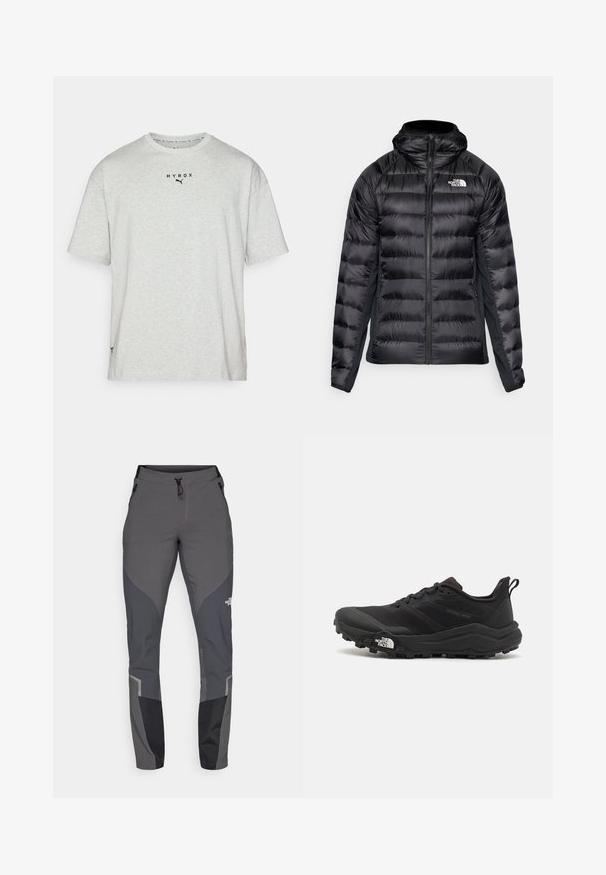 Melna pūkaina jaka ar rāvējslēdzēju priekšpusē un kapuci. Satur kvadrāta šuves un logo kreisajā krūtī. Stiepjas sānu paneļi, lai nodrošinātu labu pielāgošanos.; Pelēka īsām piedurknēm T-kreklu no mīksta auduma. Uz krūšu daļas ir melns "HYROX" logo un Puma logo. Vienkāršs apaļais kakla izgriezums.; Pelēki pārgājienu bikses ar sašaurinātu piegriezumu, vairākām kabatām un kontrastējošiem tumši pelēkiem un melniem akcentiem. Izgatavotas no elastīga, izturīga materiāla.; Melnas taku skriešanas kurpes ar teksturētu virsu, gumijas zoli un pastiprinātu pirkstu daļu. Aprīkotas ar mīkstu apkakli un vilkšanas cilpu, lai viegli uzvilktu.