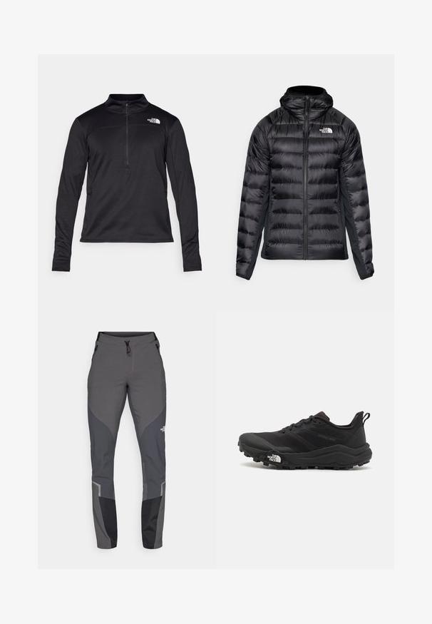Svart boblejakke med glidelås foran og hette. Den har quiltede seksjoner og en logo på venstre bryst. Elastiske sidelapper for god passform.; Svart langermet genser laget av teksturert stoff, med glidelås i kvart lengde og en liten logo på brystet. Passformede ermer med tommelhull.; Grå tursbukser med en innsnevret design, flere lommer og kontrasterende mørkegrå og svarte detaljer. Laget av et fleksibelt, slitesterkt materiale.; Svart terrengløpesko med teksturert overdel, gummisåle og forsterket tåhette. Har polstret krage og løftestropp for enkel påkledning.