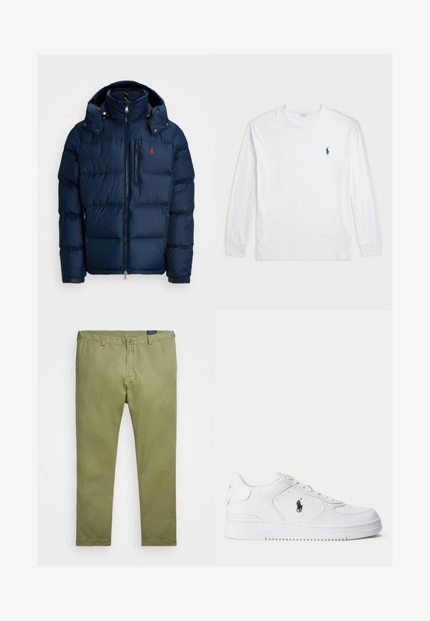 Temno modra puhovka s kapuco, ki ima zadrgo spredaj, stranske žepe in majhen rdeč logotip na prsih. Lahka in teksturirana površina.; Bela dolga majica s dolgimi rokavi iz bombaža. Ima okroglo ovratnico, rebraste manšete in majhen temno moder polo logo na levem prsnem delu.; Olivnozelene bombažne chinos hlače s ravnim krojem, z zip naramnicami in enim sprednjim gumbom. Svetla tekstura in preprost dizajn.; Bela športna čevelj s teksturirano usnjeno zgornjico, okroglo konico, ravnimi vezalkami in črnim logotipom na strani. Gumijast podplat z vzorcem za oprijem.