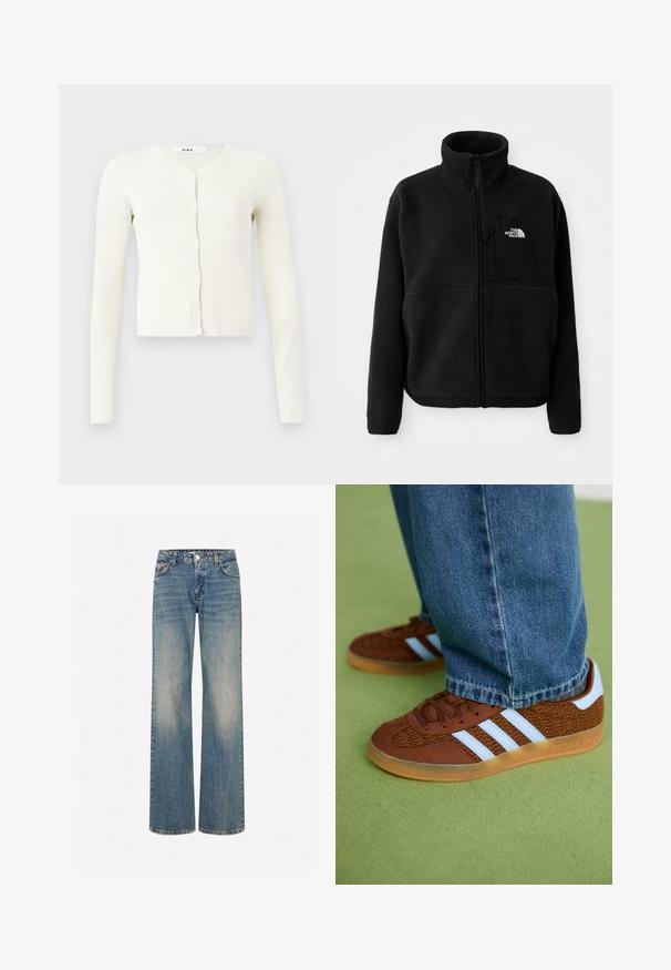 Czarny polarowy kurtka z wysokim kołnierzem, pełnym zamkiem błyskawicznym i kieszenią na lewej piersi z logo. Tkanina ma miękką, strukturę.; Biała kardigan z prążkowanej tkaniny z długimi rękawami, dekoltem w serek i zapięciem na guziki. Wykonana z miękkiego, teksturowanego materiału.; Biały, prążkowany top na ramiączkach o szerokich paskach i dopasowanym kroju. Posiada małe wytłoczone logo blisko dołu.; Jasnoniebieskie dżinsowe spodnie wide-leg z wyblakłą teksturą, pięcioma kieszeniami, guzikowym zamkiem oraz kontrastowym przyszyciem wzdłuż szwów.; Brązowe sneakersy Adidas z białymi paskami i gumową podeszwą, noszone z niebieskimi dżinsami na zielonym dywanie.