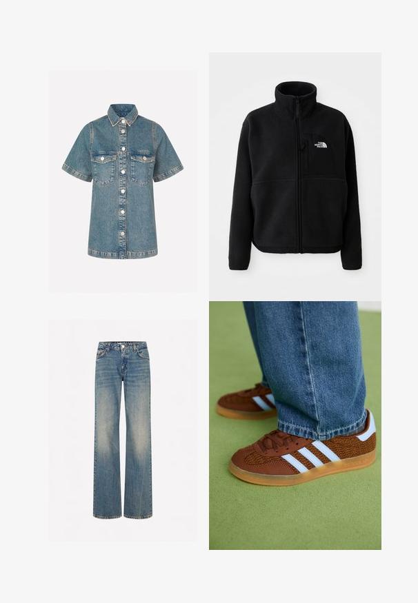 Čierna fleecová bunda s vysokým golierom, plným zipsom a ľavým vreckom na hrudi s logom. Tkanina má mäkký, textúrovaný povrch.; Džínová košela v svetlom modrom odtieni s krátkymi rukávmi, zapínaním na gombíky vpredu, dvoma náprsnými vreckami a kontrastným prešitím. Klasický dizajn goliera.; Biely rebrovaný tielko s širokými ramienkami a priliehavým strihom. Obsahuje malé embosované logo pri leme.; Svetlomodré denimové nohavice s širokými nohavicami, so zosvetlenou textúrou, piatimi vreckami, gombíkovým zapínaním a kontrastným prešívaním pozdĺž švov.; Hnedé tenisky Adidas s bielymi prúžkami a hnedou gumovou podrážkou, obuté s modrými džínsami na zelenej koberci.