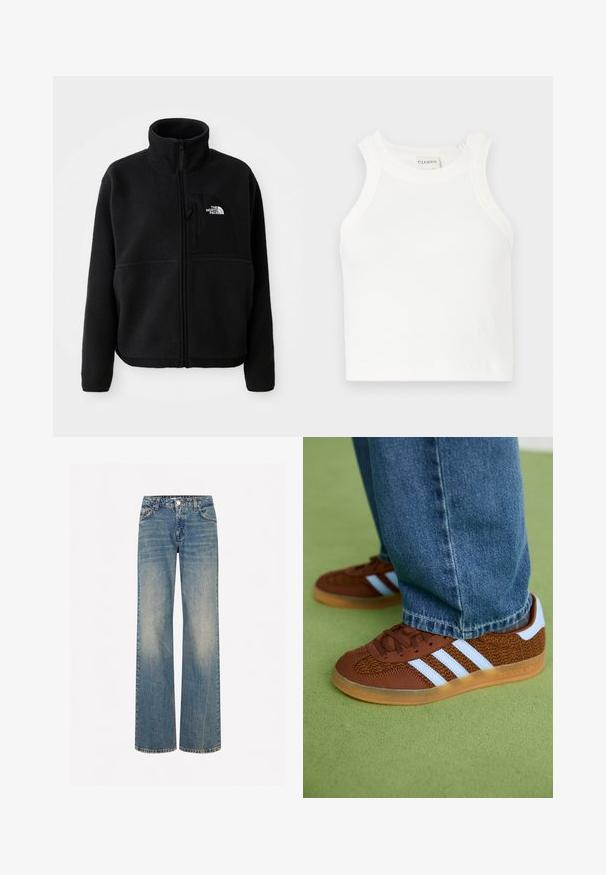 Must külmavillane jakke kõrge kaelusega, täispikk tõmblukk ja vasakul rinnataskul logo. Kangas on pehme ja tekstuuriga pinnaga.; Valge ribaga särk laiade õlavarre rihmadega ja keha lähedase siluetiga. Omab väikest muldjäljendatud logo Hem'i lähedal.; Heledad sinise denimi laiadelegged teksadega, pleekinud tekstuuriga, viie taskuga, nööpide sulgemisega ja kontrastselt õmmeldud õmblustega.; Pruunid Adidas tennised valgete triipudega ja kummikute tallaga, kantud siniste teksadega rohelisel vaibal.