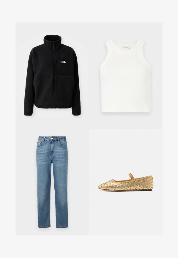 Must külmavillane jakke kõrge kaelusega, täispikk tõmblukk ja vasakul rinnataskul logo. Kangas on pehme ja tekstuuriga pinnaga.; Valge ribaga särk laiade õlavarre rihmadega ja keha lähedase siluetiga. Omab väikest muldjäljendatud logo Hem'i lähedal.; Heledad sinine teksapükste sirge jala lõige, nähtavad ees pockets, nupuga sulgur ja kerge pleekimine tekstuuri jaoks.; Loeffler Randall LEONIE SOFT BALLET FLAT - Pahkluurihmadega baleriinad - gold