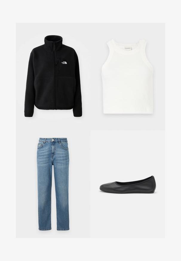 Svart fleecejakke med høy krage, full glidelås og en lomme på venstre bryst med logo. Stoffet har en myk, strukturert overflate.; Hvitt fleksibelt tanktop med brede skulderstropper og en tettsittende silhuett. Har en liten preget logo nær kanten.; Lyse blå denim jeans med rett benkutt, synlige frontlommer, knappelukking og lett falming for tekstur.; Svart skinnballettflatt med rund tå, glatt tekstur, minimal sømdetalj, og et fleksibelt såledesign.
