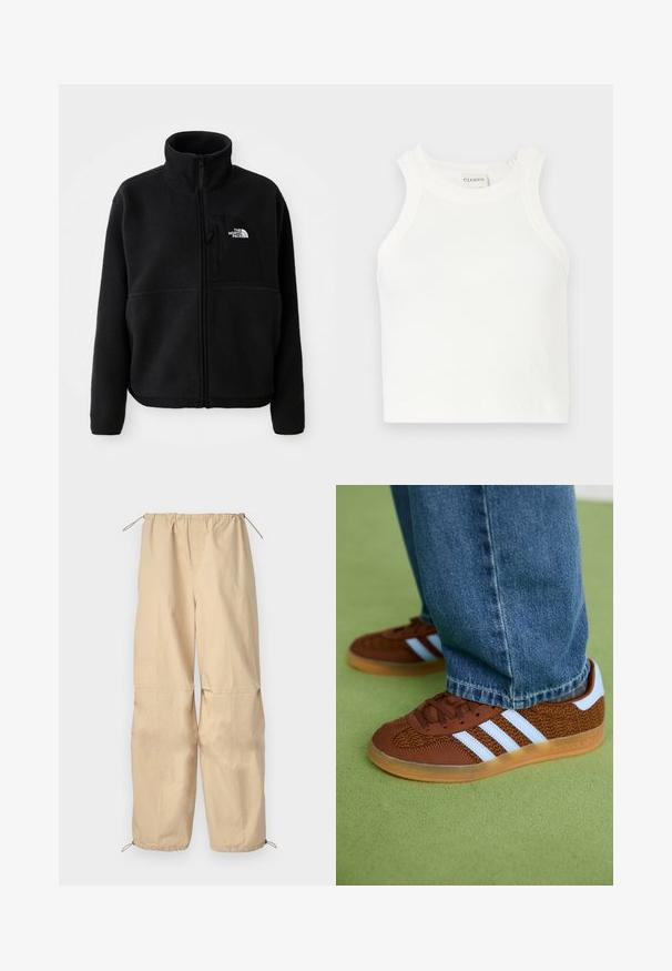 Černá fleecová bunda s vysokým límcem, plným zipem a kapsou na levé hrudi s logem. Tkanina má měkký, strukturovaný povrch.; Bílý žebrovaný top s širokými ramínky a přiléhavým střihem. Má malé embossované logo poblíž lemu.; Beige, lehké kalhoty s elastickým pasem a nastavitelnými lemy. Hladká textura, volný střih, žádné viditelné vzory nebo kovové prvky.; Hnědé tenisky Adidas s bílými pruhy a gumovou podrážkou, obuté s modrými džíny na zeleném koberci.