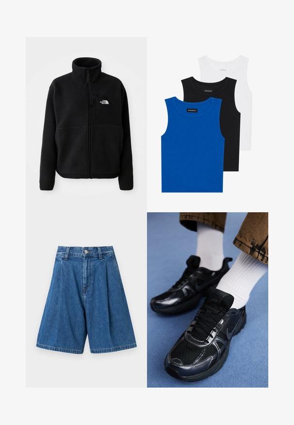 Crna flis jakna s visokim ovratnikom, punim zatvaračem i džepom na lijevoj strani prsa s logotipom. Tkanina ima mekan, teksturiran površinski sloj.; Trii bezrukavne majice u plavoj, crnoj i bijeloj boji. Tkanina je rebrasta s okruglim izrezom. Svaka majica ima oznaku označenu „even&odd.“; Plave traper bermude s plisiranim prednjim dijelom, s običnim pojasom i gumbom za zatvaranje. Glatka tekstura i ravne nogavice.; Crne Nike sportske cipele imaju mrežasti gornji dio s sjajnim akcentima, crne vezice i teksturiranu potplat. Uparen s bijelim rebrastim čarapama.