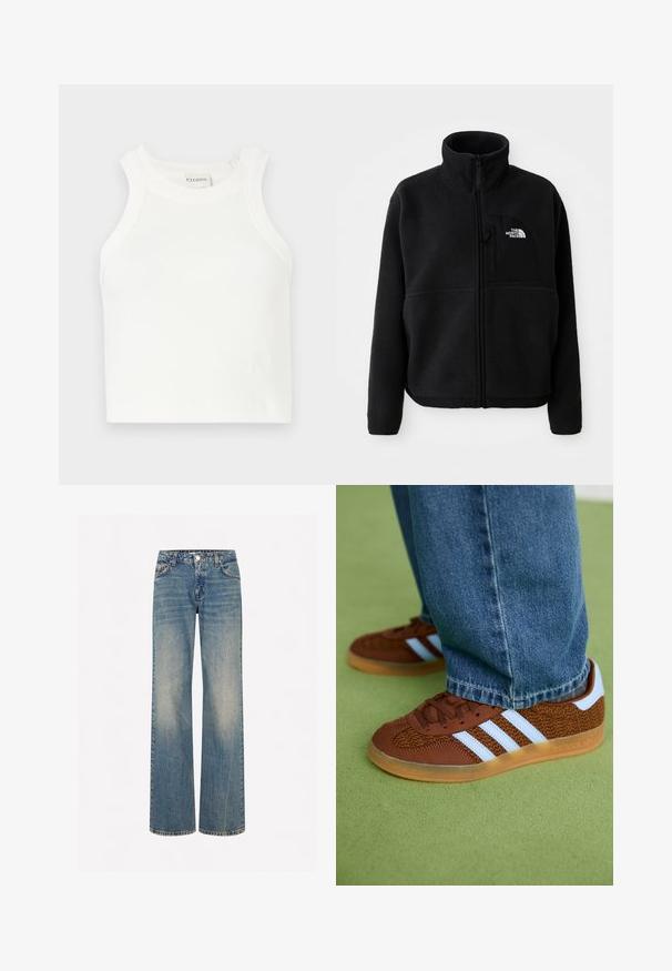 Čierna fleecová bunda s vysokým golierom, plným zipsom a ľavým vreckom na hrudi s logom. Tkanina má mäkký, textúrovaný povrch.; Biely rebrovaný tielko s širokými ramienkami a priliehavým strihom. Obsahuje malé embosované logo pri leme.; Svetlomodré denimové nohavice s širokými nohavicami, so zosvetlenou textúrou, piatimi vreckami, gombíkovým zapínaním a kontrastným prešívaním pozdĺž švov.; Hnedé tenisky Adidas s bielymi prúžkami a hnedou gumovou podrážkou, obuté s modrými džínsami na zelenej koberci.