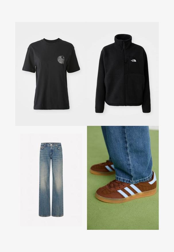 Black fleece jacket with a high collar, full zipper, and a left chest pocket featuring a logo. The fabric has a soft, textured surface.; Black cotton T-shirt with a crew neckline and short sleeves, featuring a textured graphic of a spiral design on the left chest pocket area.; Light blue denim wide-leg jeans with a faded texture, five pockets, a button fly, and contrast stitching along the seams.; Brown Adidas sneakers with white stripes and gum soles worn with blue jeans on green carpet.