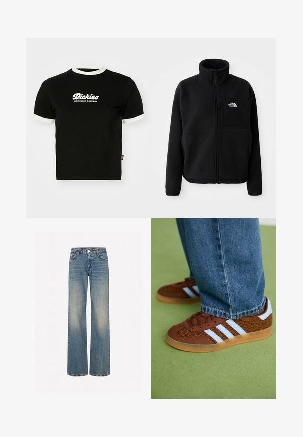 Must külmavillane jakke kõrge kaelusega, täispikk tõmblukk ja vasakul rinnataskul logo. Kangas on pehme ja tekstuuriga pinnaga.; Must must shirt musta valge sooniku ääre ja varruka otsadega. Esipoolt valge logo tekst: "Dickies Workwear Company." Lühikesed varrukad.; Heledad sinise denimi laiadelegged teksadega, pleekinud tekstuuriga, viie taskuga, nööpide sulgemisega ja kontrastselt õmmeldud õmblustega.; Pruunid Adidas tennised valgete triipudega ja kummikute tallaga, kantud siniste teksadega rohelisel vaibal.