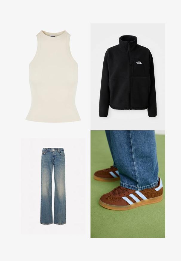 Sort fleecejakke med høj krave, fuld lynlås og en lomme på venstre bryst med et logo. Stofoverfladen er blød og struktureret.; Ribbet tanktop i lys beige med høj hals og tætsiddende pasform, lavet af et blødt, strækbart materiale for komfort.; Lyseblå denim brede bukser med en falmet tekstur, fem lommer, en knaplukning og kontrastsyninger langs sømmene.; Brune Adidas sneakers med hvide striber og gummisåler, båret med blå jeans på grøn tæppe.