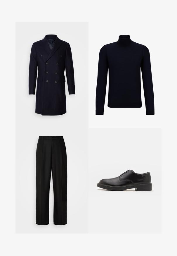 Isaac Dewhirst LONG PEA COAT - Classic coat - navy; Dark navy turtleneck sweater made of fine knit fabric, featuring long sleeves and a fitted, high neckline. No visible patterns or accents.; Black trousers featuring a straight cut, soft texture, front pleats, and a standard waistband. Minimalist design without additional patterns.; Black leather lace-up shoe with a rounded toe, smooth texture, minimal stitching, and a low rubber heel. Logo on the heel.