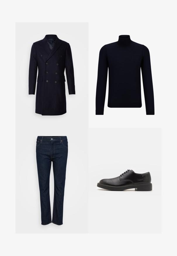 Isaac Dewhirst LONG PEA COAT - Klassisk kåpe / frakk - navy; Mørk marineblå turtleneck genser laget av finstrikket stoff, med lange ermer og en tettsittende, høy hals. Ingen synlige mønstre eller detaljer.; Mørkeblå lige jeans med frontknap og lynlåslukning, front- og baglommer, præsenteret på en hvid baggrund.; Svart lær snøre sko med rund tå, glatt tekstur, minimal søm, og lav gummihæl. Logo på hælen.