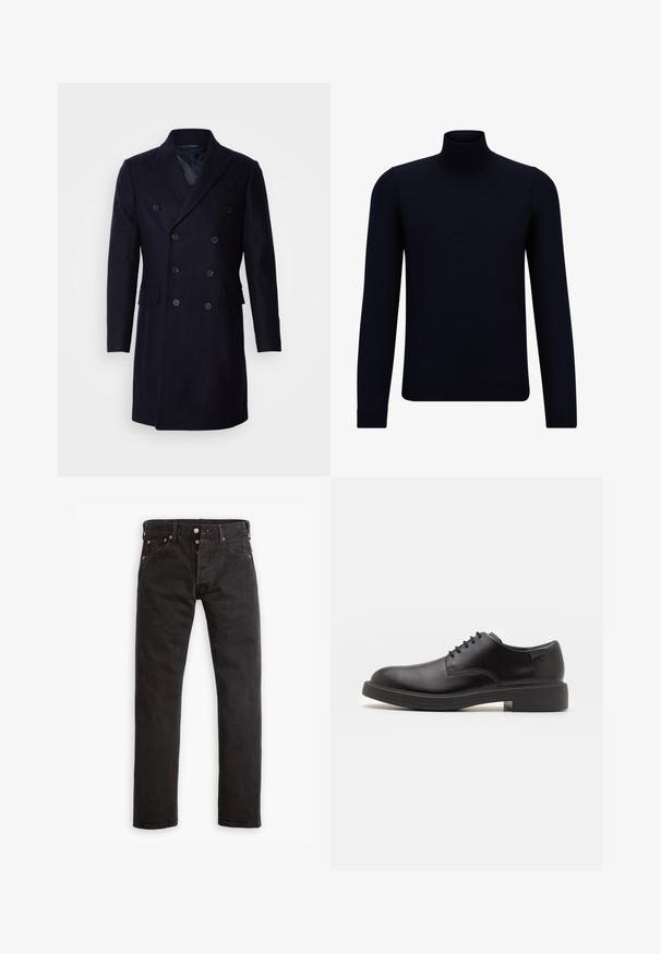 Isaac Dewhirst LONG PEA COAT - Abrigo clásico - navy; Suéter de cuello alto de un oscuro color navy, hecho de un tejido de punto fino, con mangas largas y un escote alto ajustado. Sin patrones ni acentos visibles.; Jeans ajustados negros con cierre de botones, cinco bolsillos y remaches de cobre, dispuestos sobre un fondo blanco.; Zapato negro de cuero con cordones, punta redondeada, textura suave, costuras mínimas y tacón bajo de goma. Logo en el tacón.