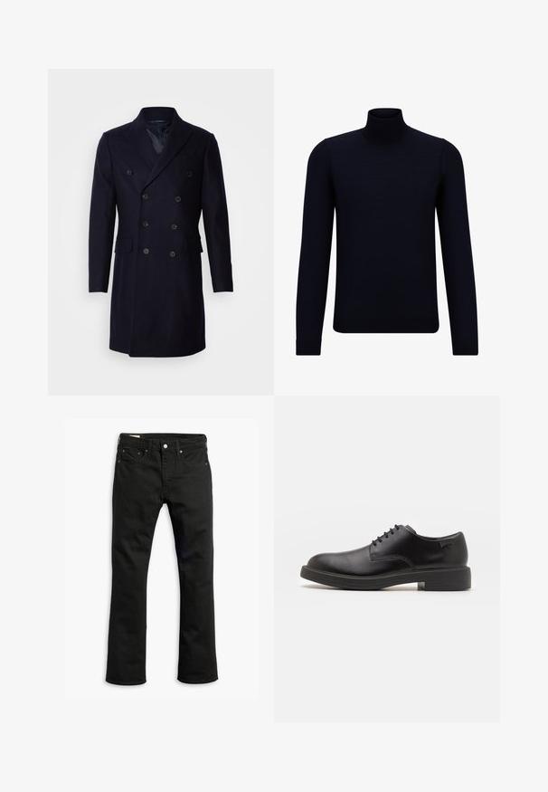 Isaac Dewhirst LONG PEA COAT - Abrigo clásico - navy; Suéter de cuello alto de un oscuro color navy, hecho de un tejido de punto fino, con mangas largas y un escote alto ajustado. Sin patrones ni acentos visibles.; Jeans de mezclilla negra con un diseño de pierna recta, cinco bolsillos, cierre de botón de metal y detalles de costura sutiles. Textura suave y color sólido.; Zapato negro de cuero con cordones, punta redondeada, textura suave, costuras mínimas y tacón bajo de goma. Logo en el tacón.