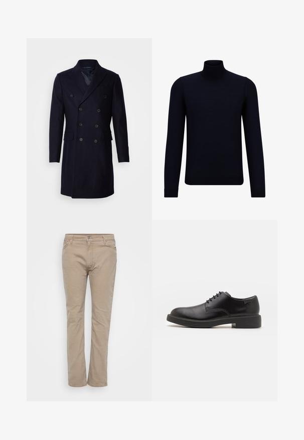 Isaac Dewhirst LONG PEA COAT - Klasický kabát - navy; Tmavomodrý rolák vyrobený z jemne pletenej látky, s dlhými rukávmi a priliehavým, vysokým výstrihom. Bez viditeľných vzorov alebo akcentov.; Béžové bavlnené nohavice so strihom rovného strihu, s rozpozdaním na zips, pútkami na opasok a jemnými švovými detailmi. Hladká textúra po celom povrchu.; Čierne kožené šnurovacie topánky s okrúhlou špičkou, hladkým povrchom, minimálnym prešívaním a nízkym gumovým podpätkom. Logo na podpätku.