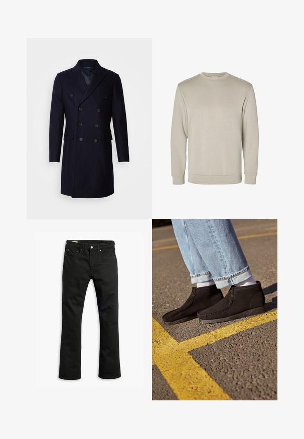 Isaac Dewhirst LONG PEA COAT - Klasický kabát - navy; Bežová mikina s dlhým rukávom a okrúhlym výstrihom, vyrobená z mäkkého materiálu, s rebrovanými manžetami a lemom, s hladkou textúrou a minimalistickým dizajnom.; Čierne džínsy z denimu so strihom rovného nohu, s piatimi vreckami, kovovým zapínaním a jemnými prešitými detailmi. Hladká textúra a jednofarebný vzhľad.; Čierne semišové členkové topánky s hladkým povrchom, zakrivenou špičkou a prešitým detailom. V kombinácii s svetlomodrými riflami s vypnutými nohavicami a bielymi ponožkami.