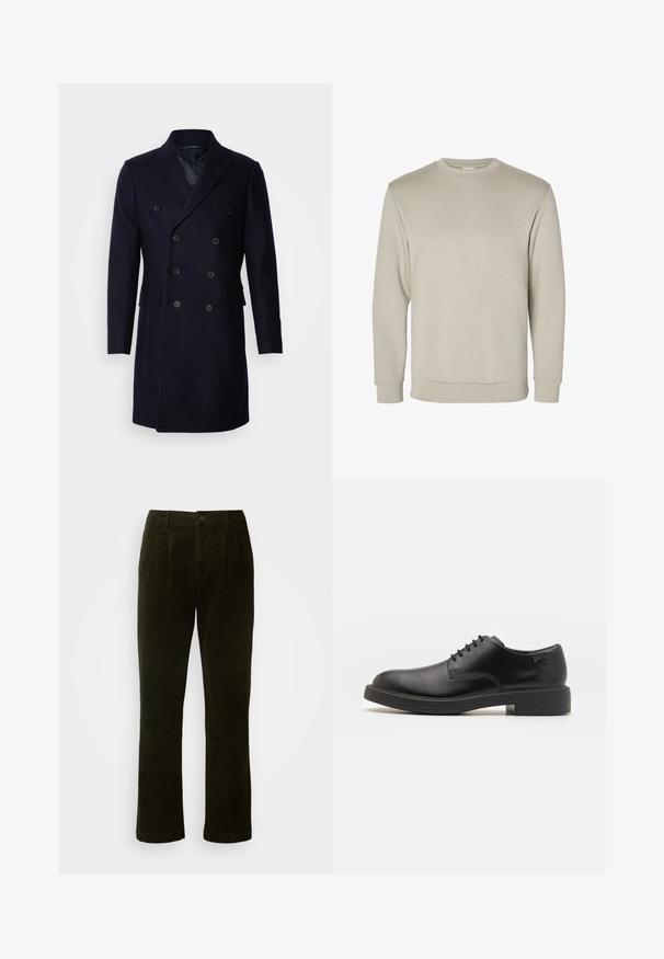 Isaac Dewhirst LONG PEA COAT - Cappotto classico - navy; Felpa beige a maniche lunghe con colletto tondo, realizzata in materiale morbido, con polsini e orlo a coste, dalla texture liscia e dal design minimalista.; Pantaloni in corda verde scuro a gamba diritta, con pince frontali, chiusura a bottone e una finitura morbida e testurizzata.; Scarpa nera in pelle con lacci, punta tonda, texture liscia, cuciture minime e tacco in gomma basso. Logo sul tacco.