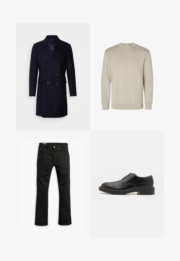 Isaac Dewhirst LONG PEA COAT - Classic coat - navy; Beige long-sleeve crewneck sweatshirt, made from soft material, featuring ribbed cuffs and hem, with a smooth texture and minimalistic design.; Black denim jeans with a straight leg design, five pockets, metal button closure, and subtle stitching details. Smooth texture and solid color.; Black leather lace-up shoe with a rounded toe, smooth texture, minimal stitching, and a low rubber heel. Logo on the heel.