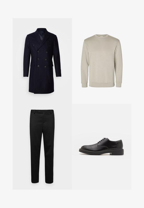 Isaac Dewhirst LONG PEA COAT - Klasszikus kabát - navy; Beige hosszú ujjú kereknyakú pulóver, puha anyagból készült, bordás mandzsettákkal és szegéllyel, sima textúrával és minimalista dizájnnal.; Fekete nadrág sima anyagból, egyenes szabással, övhurkokkal és oldalsó zsebekkel. A design minimalista, látható minták nélkül.; Fekete bőrcipő, kerek orrú, sima felületű, minimális varrással és alacsony gumitalppal. Logó a sarokrészen.