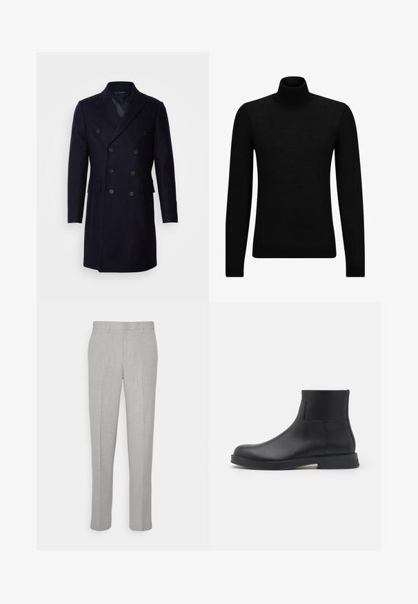 Isaac Dewhirst LONG PEA COAT - Klasický kabát - navy; Čierny rolák vyrobený z jemného materiálu, s dlhými rukávmi a tesným strihom. Hranatý lem a manžety s ribbed úpravou. Jednoduchý dizajn.; Svetlo-sivé nohavice s hladkým povrchom, plochým predným dielom a rovnými nohavicami. Vyrobené z priedušnej látky, s vnútornými vreckami a pútkami na opasok.; Čierna kožená členková obuv s hladkým povrchom, okrúly špic, elastická bočná panel a nízka gumová podrážka. Minimalistický dizajn bez viditeľného hardvéru.