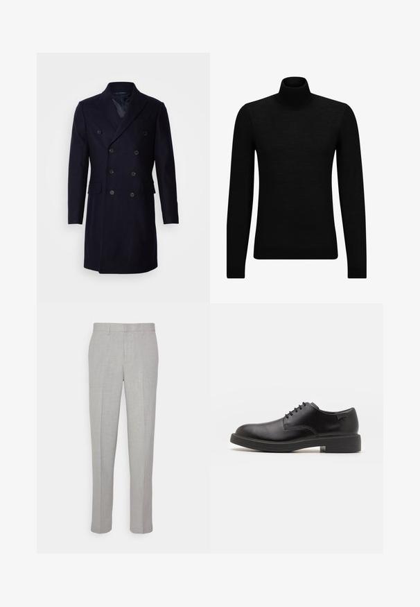 Isaac Dewhirst LONG PEA COAT - Abrigo clásico - navy; Jersey de cuello alto negro hecho de un material suave, con mangas largas y un ajuste ceñido. Ribete acanalado en el dobladillo y los puños. Diseño simple.; Pantalones gris claro con una textura suave, frente plano y piernas rectas. Hechos de una tela transpirable, con bolsillos internos y pasadores para cinturón.; Zapato negro de cuero con cordones, punta redondeada, textura suave, costuras mínimas y tacón bajo de goma. Logo en el tacón.