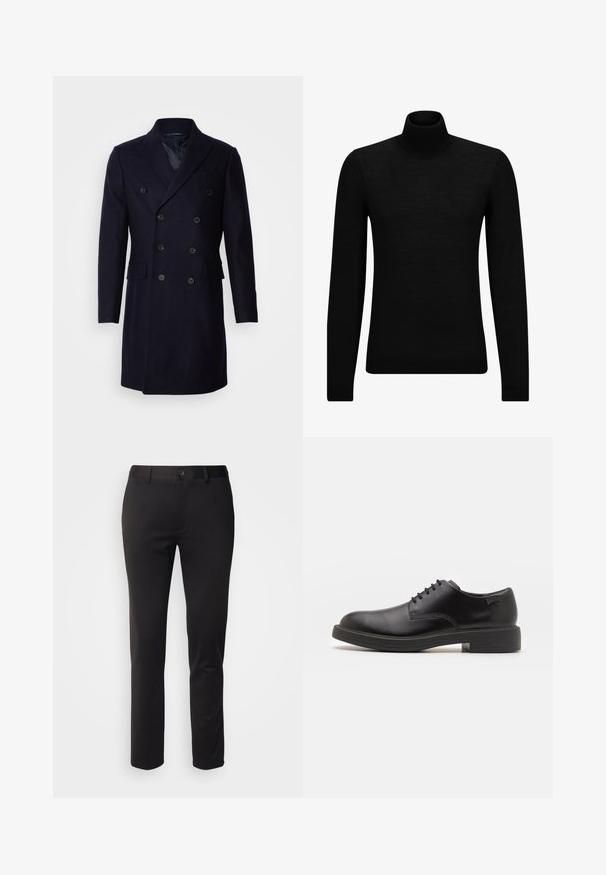 Isaac Dewhirst LONG PEA COAT - Klassisk kåpe / frakk - navy; Svart genser med høy hals laget av mykt materiale, med lange ermer og en tettsittende passform. Ribbestrikket kant nederst og ved ermene. Enkelt design.; Sorte bukser laget av glatt stoff, med rett ben-design, frontknappåpning og belte-løker, vist på en hvit bakgrunn.; Svart lær snøre sko med rund tå, glatt tekstur, minimal søm, og lav gummihæl. Logo på hælen.