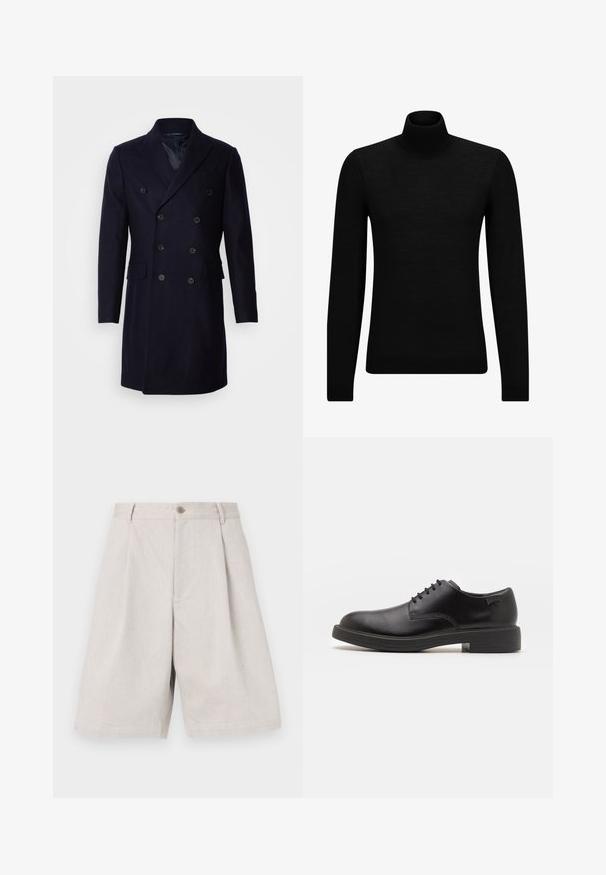 Isaac Dewhirst LONG PEA COAT - Klassischer Mantel - navy; Schwarzer Rollkragenpullover aus weichem Material mit langen Ärmeln und enger Passform. Rippbesatz am Saum und an den Bündchen. Einfaches Design.; Hellgraue Leinen-Shorts mit weit geschnittenem Design, ausgestattet mit einem Knopfverschluss vorne und dezenten Falten für zusätzliche Textur.; Schwarzer Leder-Schnürschuh mit abgerundetem Zeh, glatter Textur, minimaler Naht und niedrigem Gummiabsatz. Logo auf der Ferse.