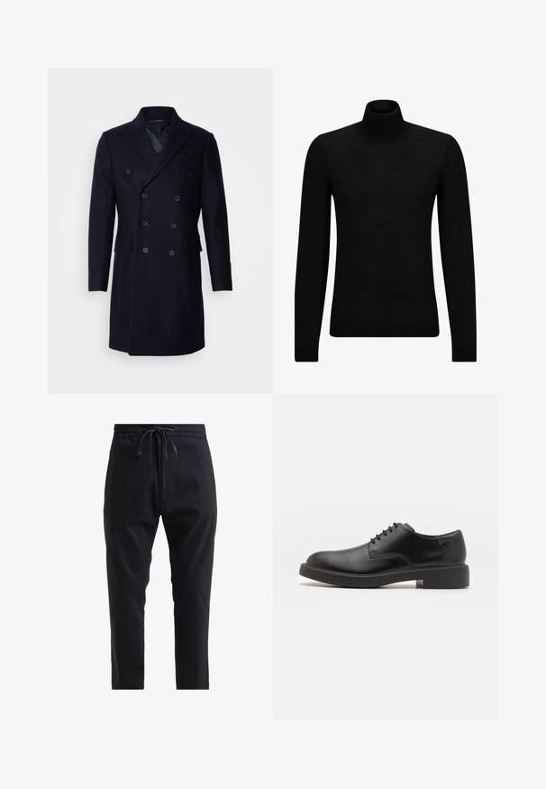 Isaac Dewhirst LONG PEA COAT - Klasisks mētelis - navy; Melnā augstā kakla džemperis, kas izgatavots no mīksta materiāla, ar garām piedurknēm un pieguļušu piegriezumu. Ribota apdare ap apakšu un piedurknēm. Vienkāršs dizains.; Melnas sporta bikses, izgatavotas no mīksta auduma, ar auklu jostā un sašaurinātiem kājām, nodrošinot pieguļošu dizainu. Nav redzamu rakstu vai aparatūras.; Melna āda sašūta kurpe ar noapaļotu purngalu, gludu tekstūru, minimālu šuvju skaitu un zemu gumijas papēdi. Logo uz papēža.