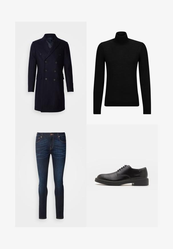 Isaac Dewhirst LONG PEA COAT - Klassinen takki - navy; Mustahuivi neule, joka on valmistettu pehmeästä materiaalista, jossa on pitkät hihat ja tiukka istuvuus. Ribbaus reunassa ja hihansuissa. Yksinkertainen muotoilu.; Tumman siniset farkut, joissa on kapea malli, viisi taskua, kontrastiväriset tikkaukset ja tavanomainen vetoketjuflappi nappikiinnityksellä.; Mustat nahkasaappaat, joissa on pyöreä kärki, sileä pinta, minimaalinen ommel ja matala kumipohja. Logo kannassa.