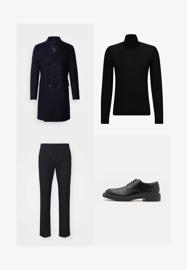 Isaac Dewhirst LONG PEA COAT - Classic coat - navy; Black turtleneck sweater made of soft material, featuring long sleeves and a snug fit. Ribbed trim at the hem and cuffs. Simple design.; Navy trousers in a tailored cut, made from smooth fabric. Features a flat front, belt loops, and straight legs with a clean hem.; Black leather lace-up shoe with a rounded toe, smooth texture, minimal stitching, and a low rubber heel. Logo on the heel.