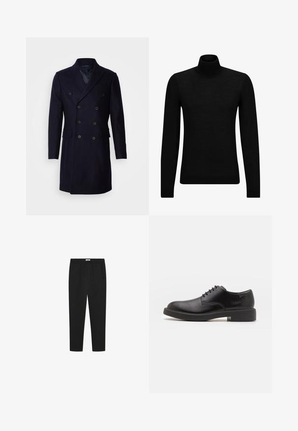 Isaac Dewhirst LONG PEA COAT - Klasični plašč - navy; Črna turtleneck pulover iz mehkega materiala, z dolgimi rokavi in tesnim prileganjem. R ibana obroba na robu in rokavih. Preprosta zasnova.; Črne trenirke iz mehkega materiala, ki imajo elastičen pas s vrvico, dva stranska žepa in obliko z ozkimi nogami.; Črne usnjene čipkaste čevlje z zaobljenim nosom, gladko teksturo, minimalnim šitjem in nizkim gumijastim peto. Logo na peti.