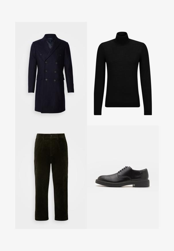 Isaac Dewhirst LONG PEA COAT - Manteau classique - navy; Pull à col roulé noir en matériau doux, avec des manches longues et une coupe ajustée. Finition côtelée au bas et aux poignets. Design simple.; Pantalon en velours côtelé vert foncé, coupe droite, avec poches à l'avant, fermeture à bouton et tissu texturé.; Chaussure noire en cuir à lacets avec un embout arrondi, texture lisse, piqures minimales et un petit talon en caoutchouc. Logo sur le talon.