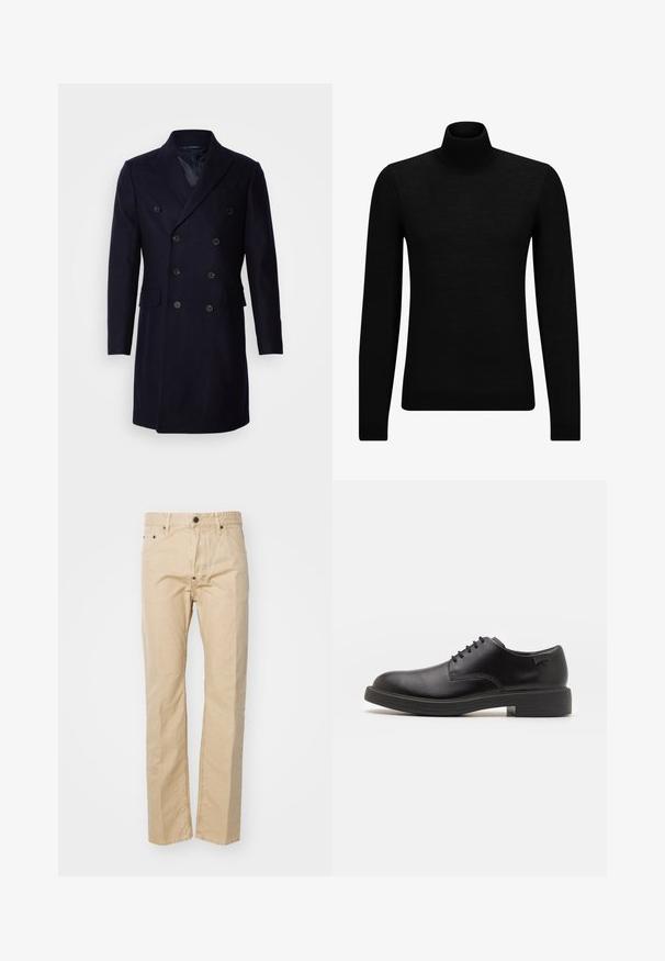 Isaac Dewhirst LONG PEA COAT - Klassinen takki - navy; Mustahuivi neule, joka on valmistettu pehmeästä materiaalista, jossa on pitkät hihat ja tiukka istuvuus. Ribbaus reunassa ja hihansuissa. Yksinkertainen muotoilu.; Beige puuvillapöksyt suoran lahkeiden designilla, joissa on nappikiinnitys, vyölenkit ja etutaskut. Sileä pinta, vähäinen ompelu.; Mustat nahkasaappaat, joissa on pyöreä kärki, sileä pinta, minimaalinen ommel ja matala kumipohja. Logo kannassa.