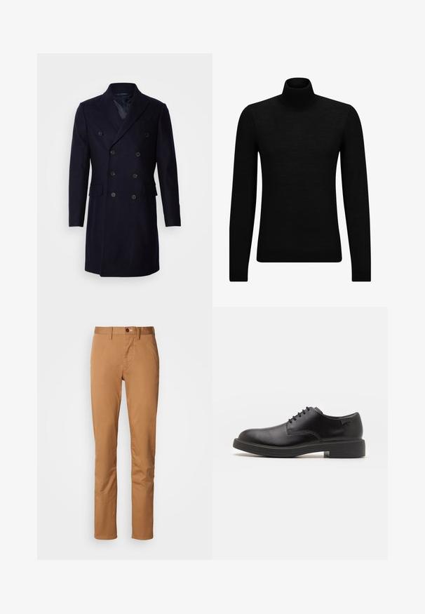 Isaac Dewhirst LONG PEA COAT - Cappotto classico - navy; Maglione a collo alto nero realizzato in materiale morbido, con maniche lunghe e vestibilità aderente. Bordo a coste all'orlo e ai polsini. Design semplice.; Pantaloni khaki slim-fit con chiusura a bottone e zip, passanti per cintura e tasche laterali su sfondo bianco.; Scarpa nera in pelle con lacci, punta tonda, texture liscia, cuciture minime e tacco in gomma basso. Logo sul tacco.