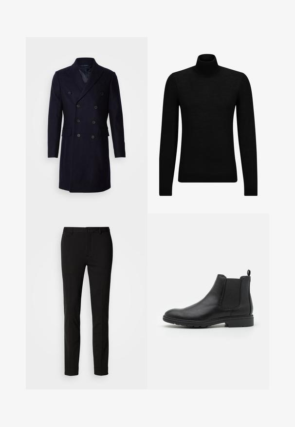 Isaac Dewhirst LONG PEA COAT - Klassischer Mantel - navy; Schwarzer Rollkragenpullover aus weichem Material mit langen Ärmeln und enger Passform. Rippbesatz am Saum und an den Bündchen. Einfaches Design.; Schwarze Hose mitSlim-Fit, ausgestattet mit einem Knopfverschluss und Gürtelschlaufen. Aus glattem Stoff mit leichtem Glanz, ohne erkennbare Muster.; Schwarze Leder Chelsea-Stiefel mit elastischen Seiteneinsätzen und einer Ziehschlaufe, runder Zehenform und strukturiertem Gummisohle.