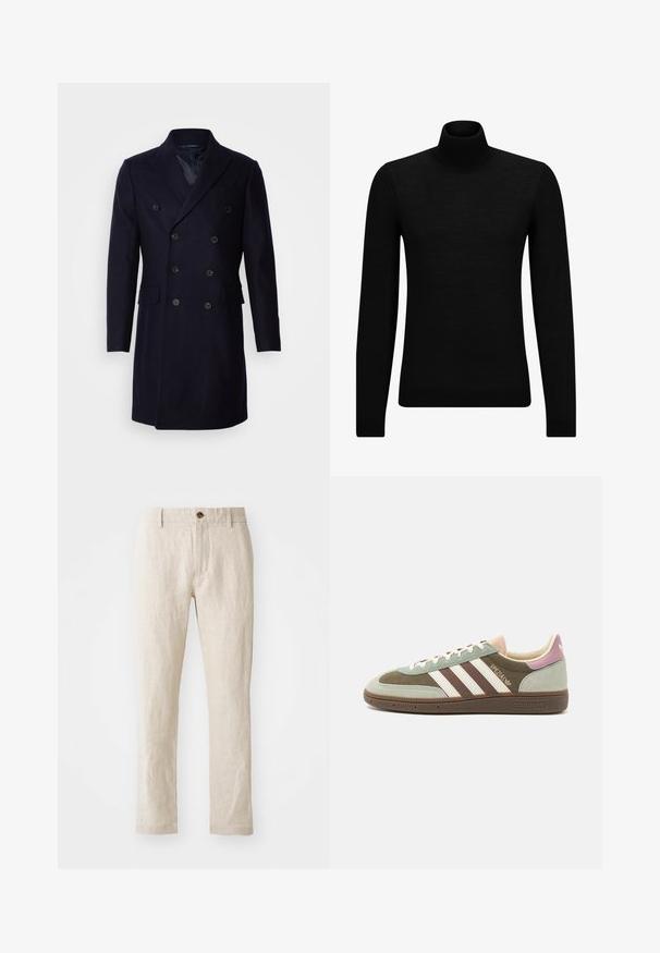 Isaac Dewhirst LONG PEA COAT - Klasikinis paltas - navy; Juodas aukšto kaklo megztinis, pagamintas iš minkštos medžiagos, su ilgomis rankovėmis ir prigludusia forma. Su raukiniais apačioje ir rankogaliuose. Paprastas dizainas.; Smėlio spalvos lininės kelnių su liekna kirpimu, turinčios vieną rudą sagą, tiesias sijonas ir tekstūruotą audinio apdailą.; Zaliai, rudi ir smėlio spalvos zomšos bei tekstilės sportbačiai su trimis baltais dryžiais. Pasižymi šviesiai rožine akcentu ant kulno ir tekstūruotomis pado detalėmis.