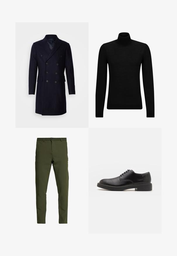 Isaac Dewhirst LONG PEA COAT - Mantel - navy; Zwarte coltrui van zacht materiaal, met lange mouwen en een snug fit. Geribbelde afwerking aan de onderkant en mouwen. Eenvoudig ontwerp.; Olijfgroene broek met een slim fit, gemaakt van een gladde, duurzame stof. Voorzien van een ritssluiting, knoopsluiting en standaardzakken.; Zwarte leren veterschoen met een ronde neus, een gladde textuur, minimale stiksels en een lage rubberen hak. Logo op de hak.